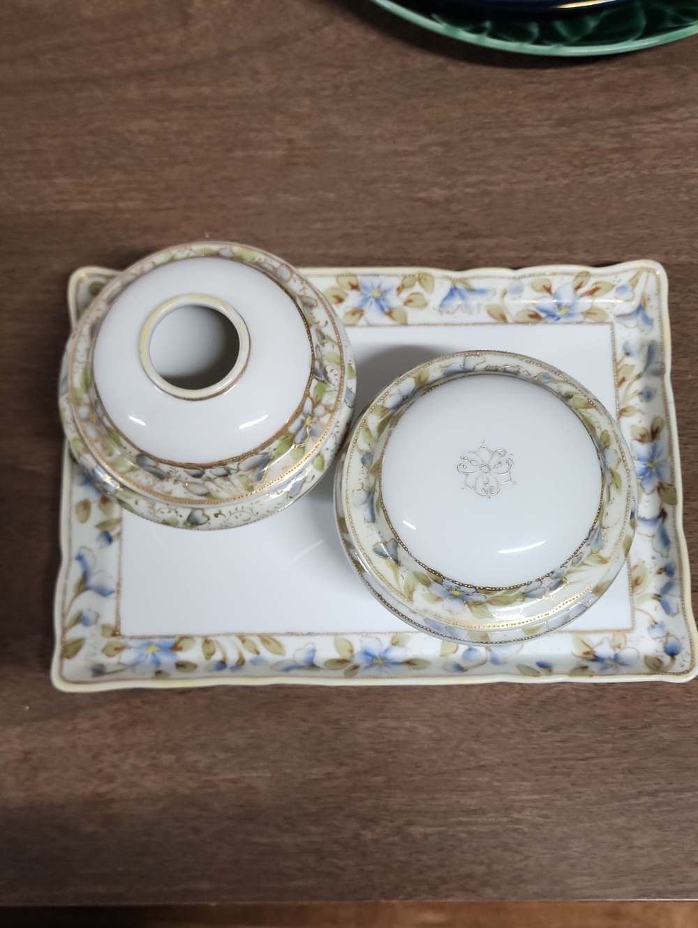 Antique Nippon Hand Painted Porcelain Vanity 5 Piece Tray Set Floral Gold Trim